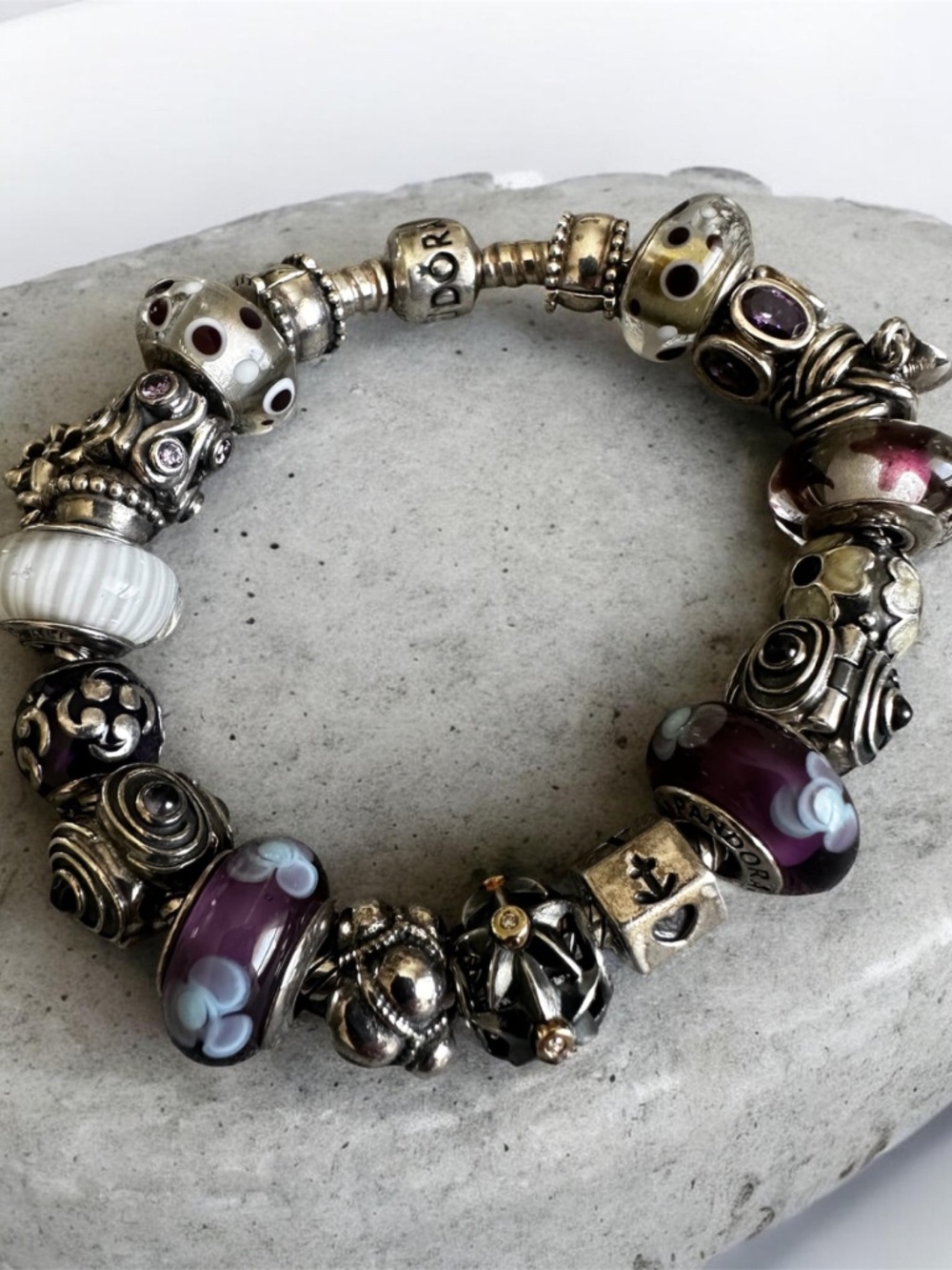 Beautiful Purple Pandora Bracelet w/ Purple Murano Glass, Faith, Hope,Love Charm